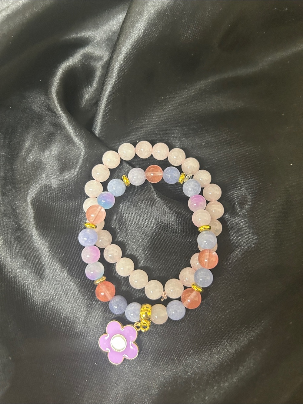 Sweet Pink, Lavender & Peach Beaded Flower Charm Bracelet
